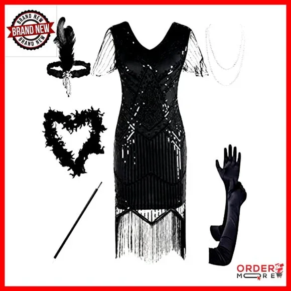 1920s Flapper Dress Sequin Fringe Midi Cocktail Party Gatsby Inspired